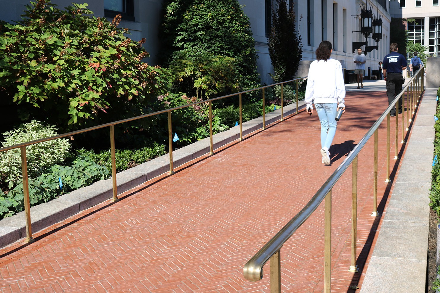 The permanent, sloping pathway on the east side of the Butler Library, part of the Butler Plaza and Lawn restoration project.