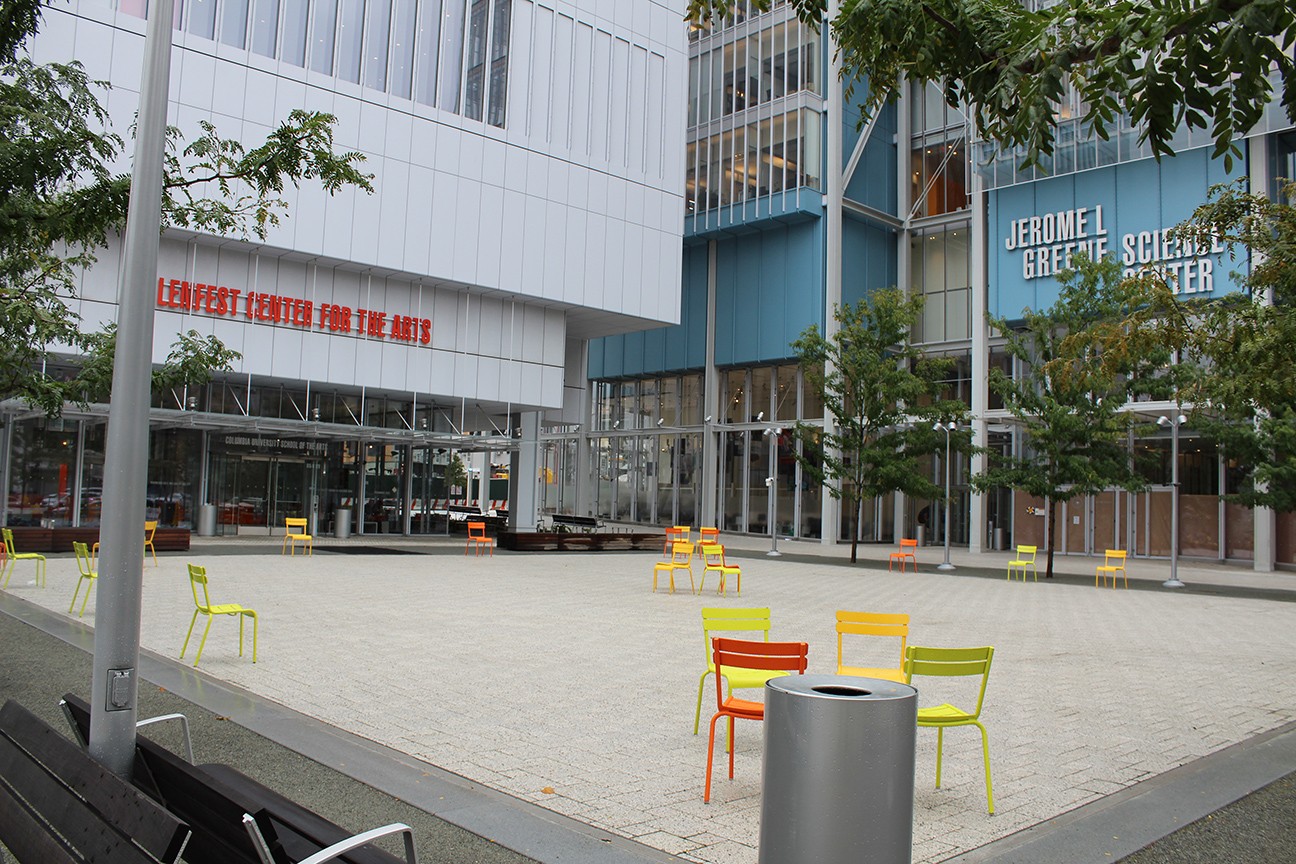 Lenfest Center for the Arts (left) and Jerome L. Greene Science Center, with the Small Square in the foreground.