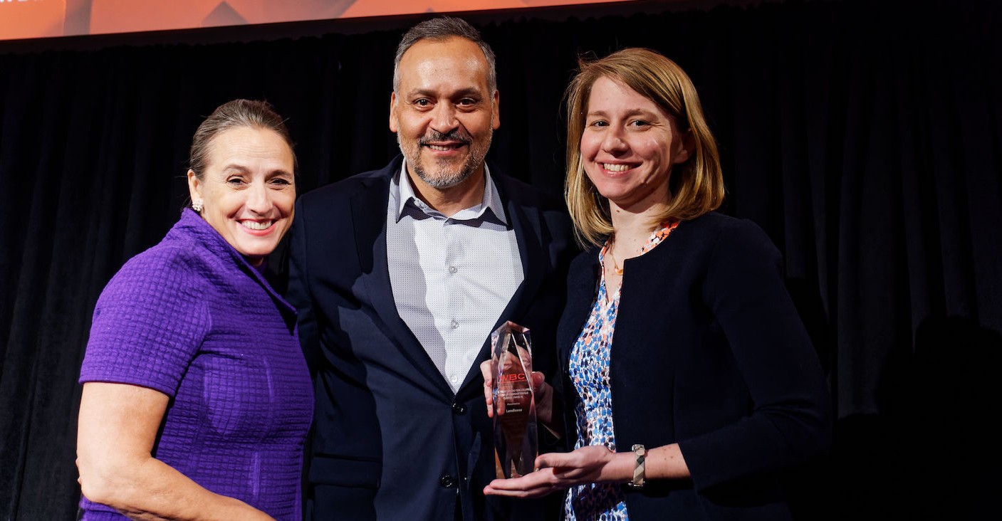 Marcelo Velez accepting the Project of the Year award for Phase 1A of the Manhattanville Campus construction from the Women Builders Council.